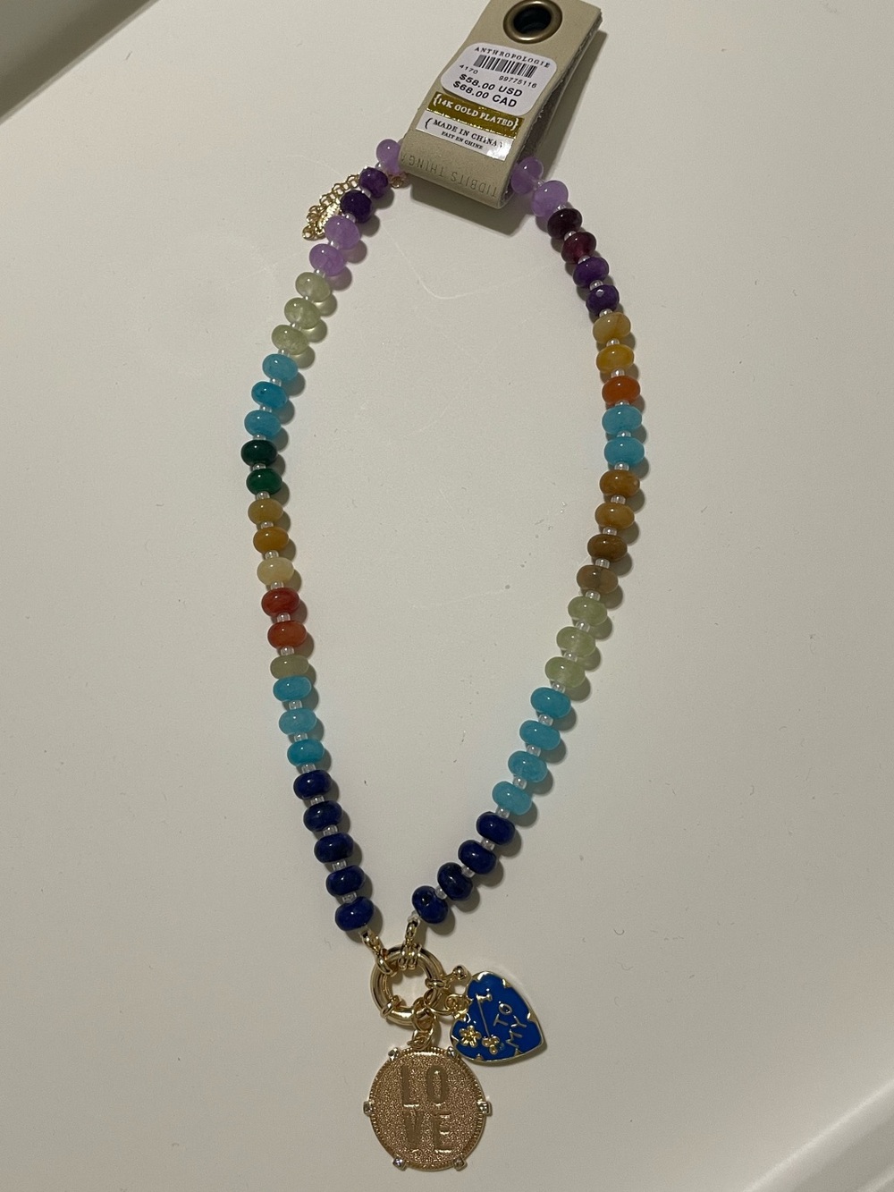 NWT Anthropologie Multicolor Beaded LOVE Charm Necklace 14K Gold Plated